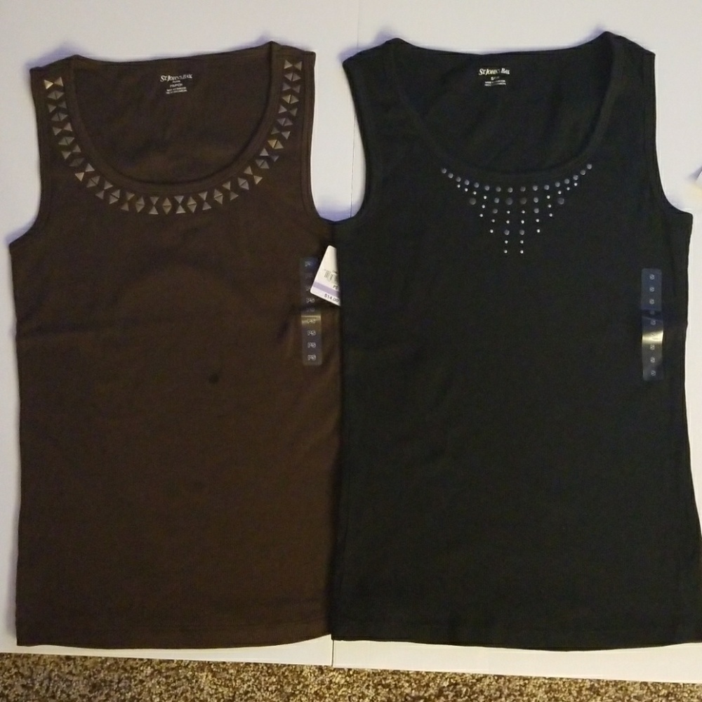 Two  embellished tanks,  1 black, 1 brown